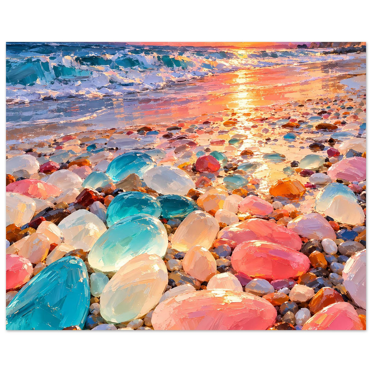 Wandposter mit Strandlandschaft: bunte Glassteine im Vordergrund und Sonnenuntergang am Horizont