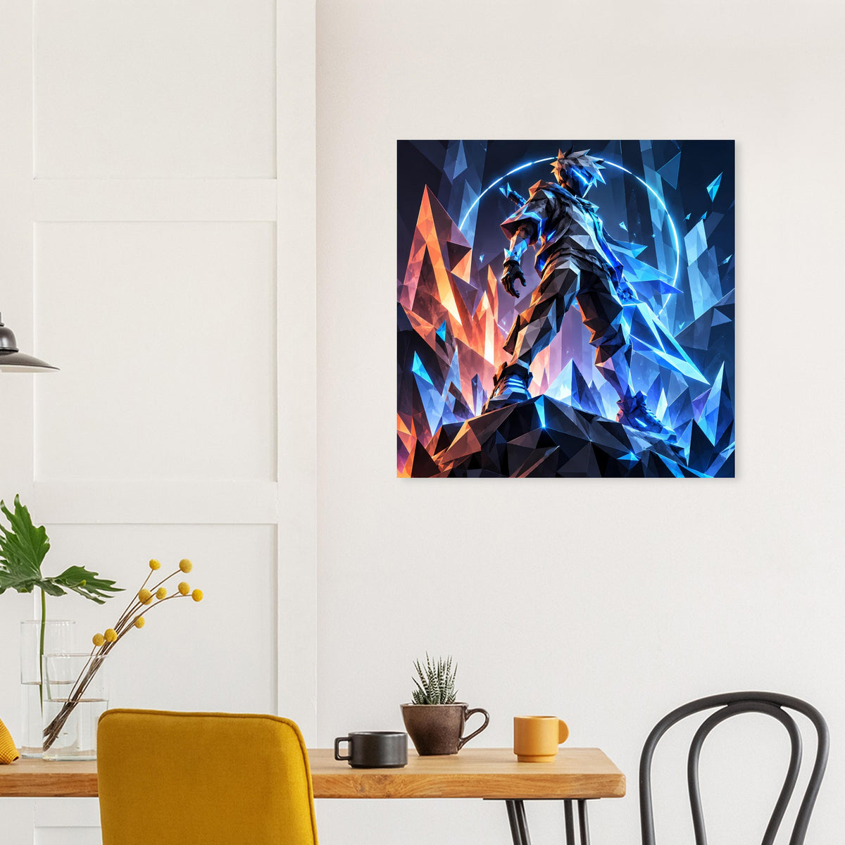 Quadratisches Wandposter mit abstraktem Krieger-Motiv in Blau und Orange, grafische Splitterlinien
