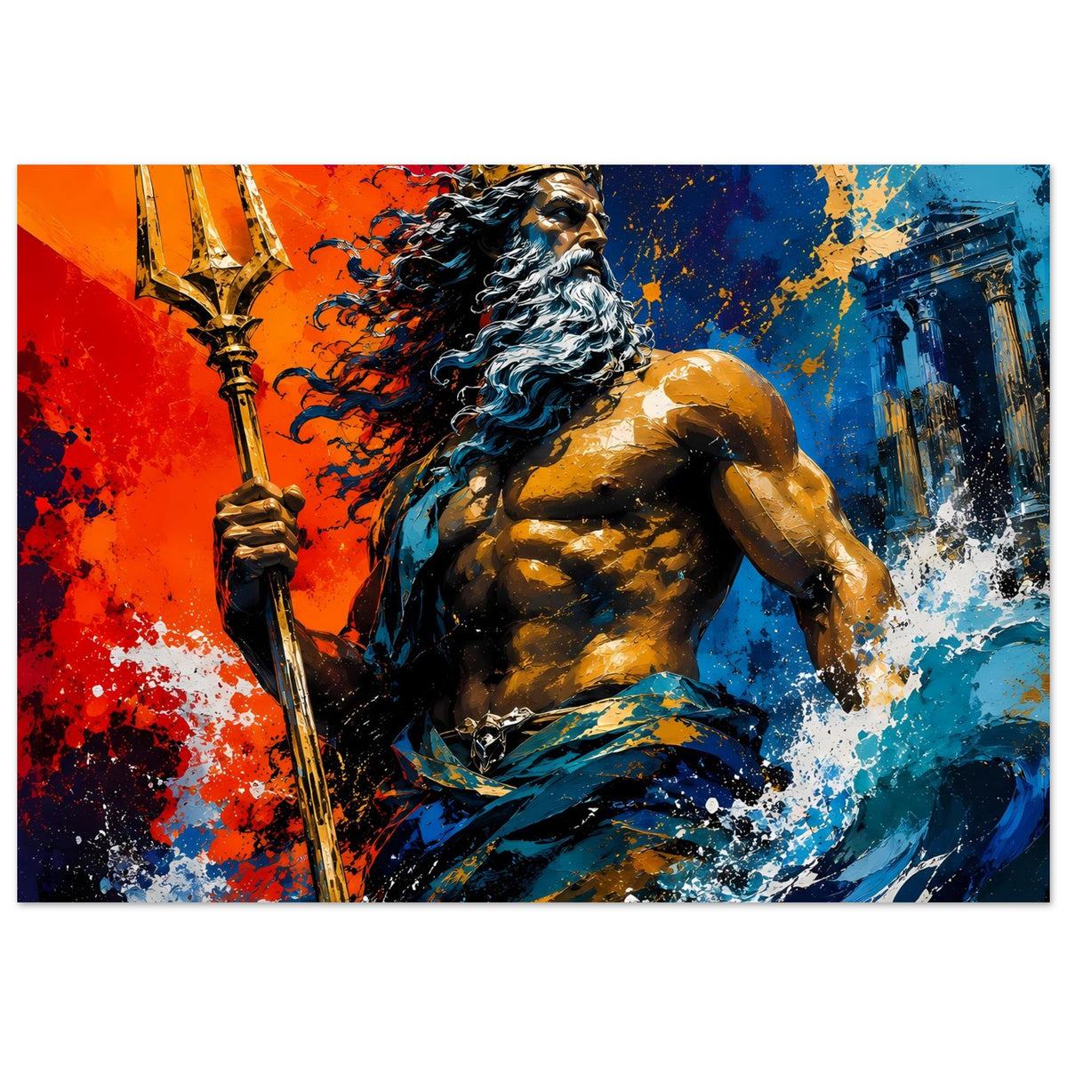 Querformat-Poster mit Neptun und Dreizack, kräftige Spritzfarbe in Orange und Blau