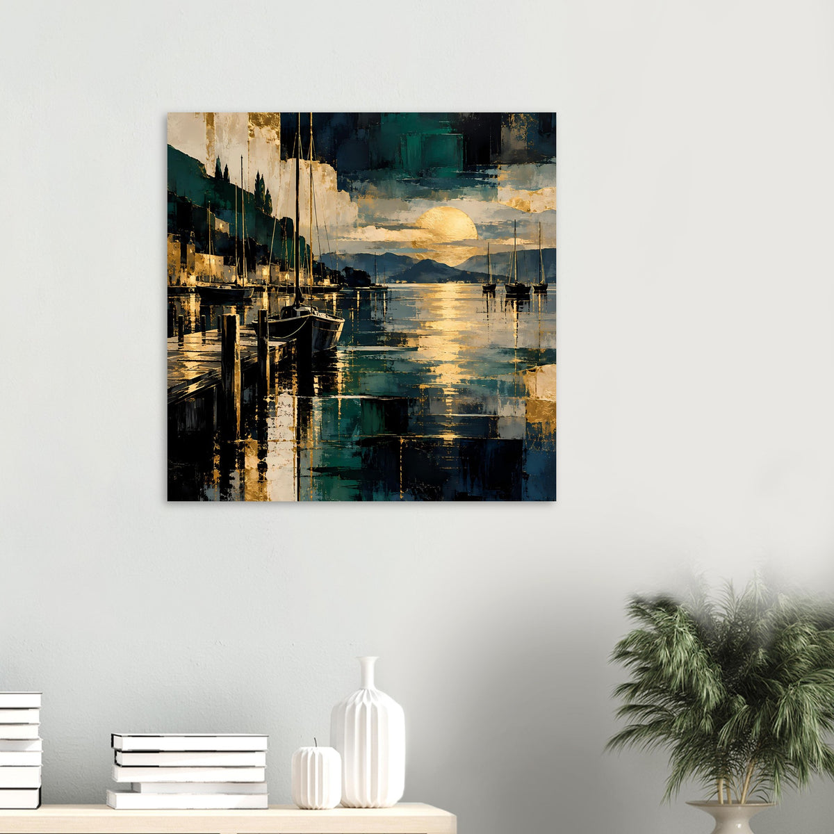 Wandposter mit Hafenbooten und Sonne am Horizont, Blaugrün und Goldtöne