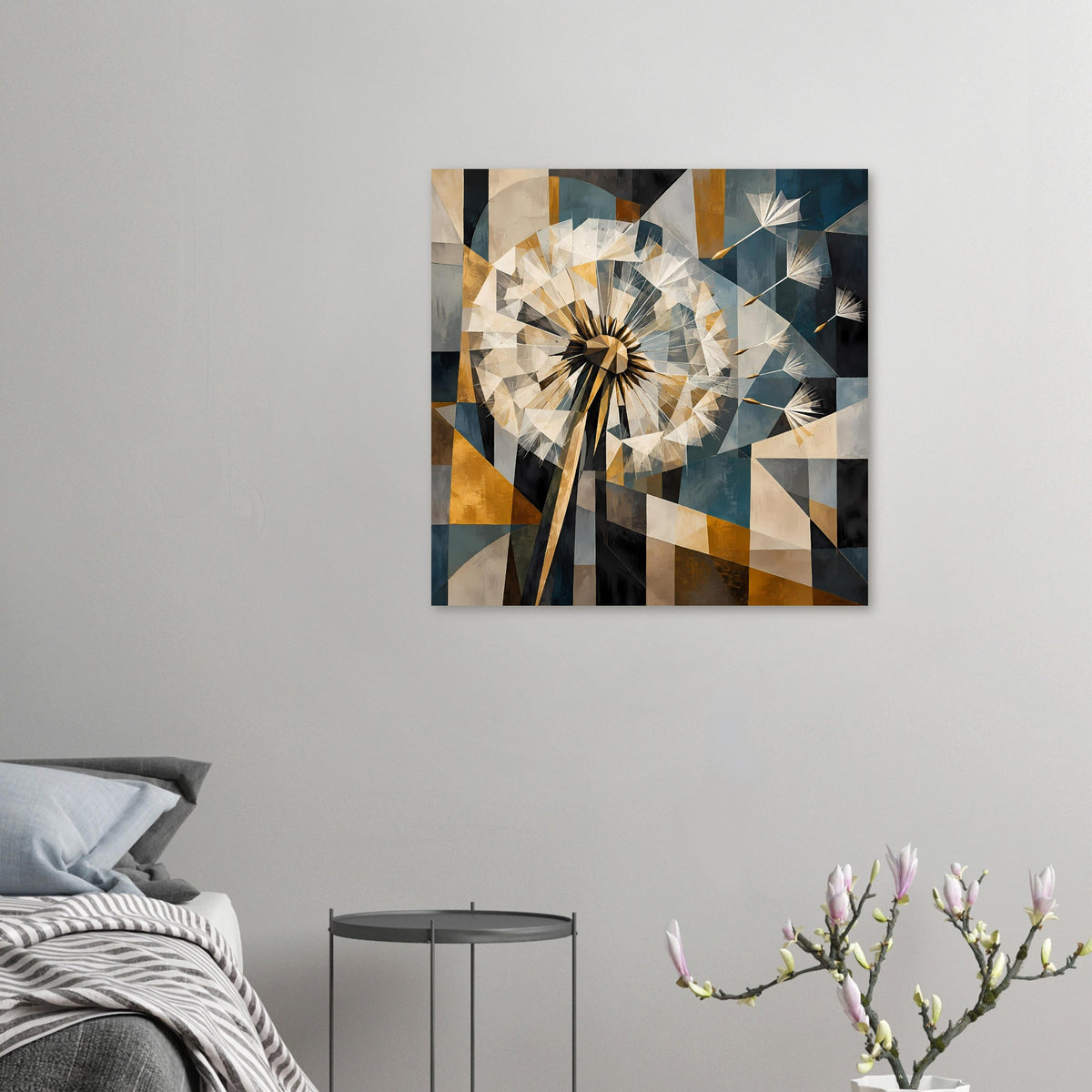 Kleines quadratisches Pusteblumen-Poster mit geometrischer Dreiecksoptik, gold-blau-grau