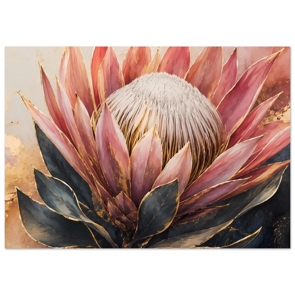 Botanisches Poster: Königsprotea mit weißem Blütenkopf, Altrosa Blüten, goldene Akzente, dunkel