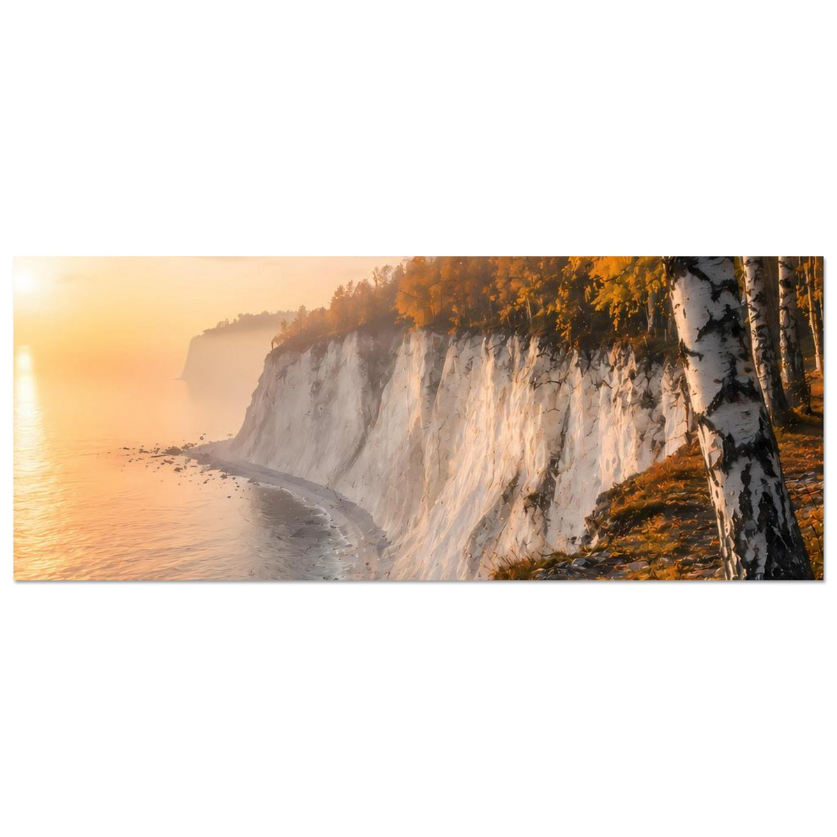 Herbstliches Panorama-Poster: Küstenklippe mit Birken, goldenem Himmel und ruhigem Wasser