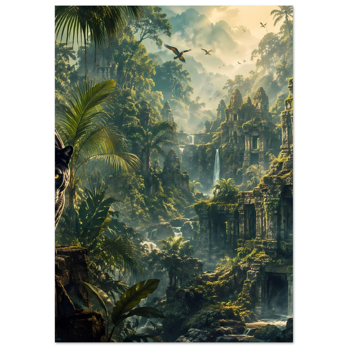 Poster im Hochformat mit Dschungelwald, Tempelruinen rechts und Panther im Vordergrund
