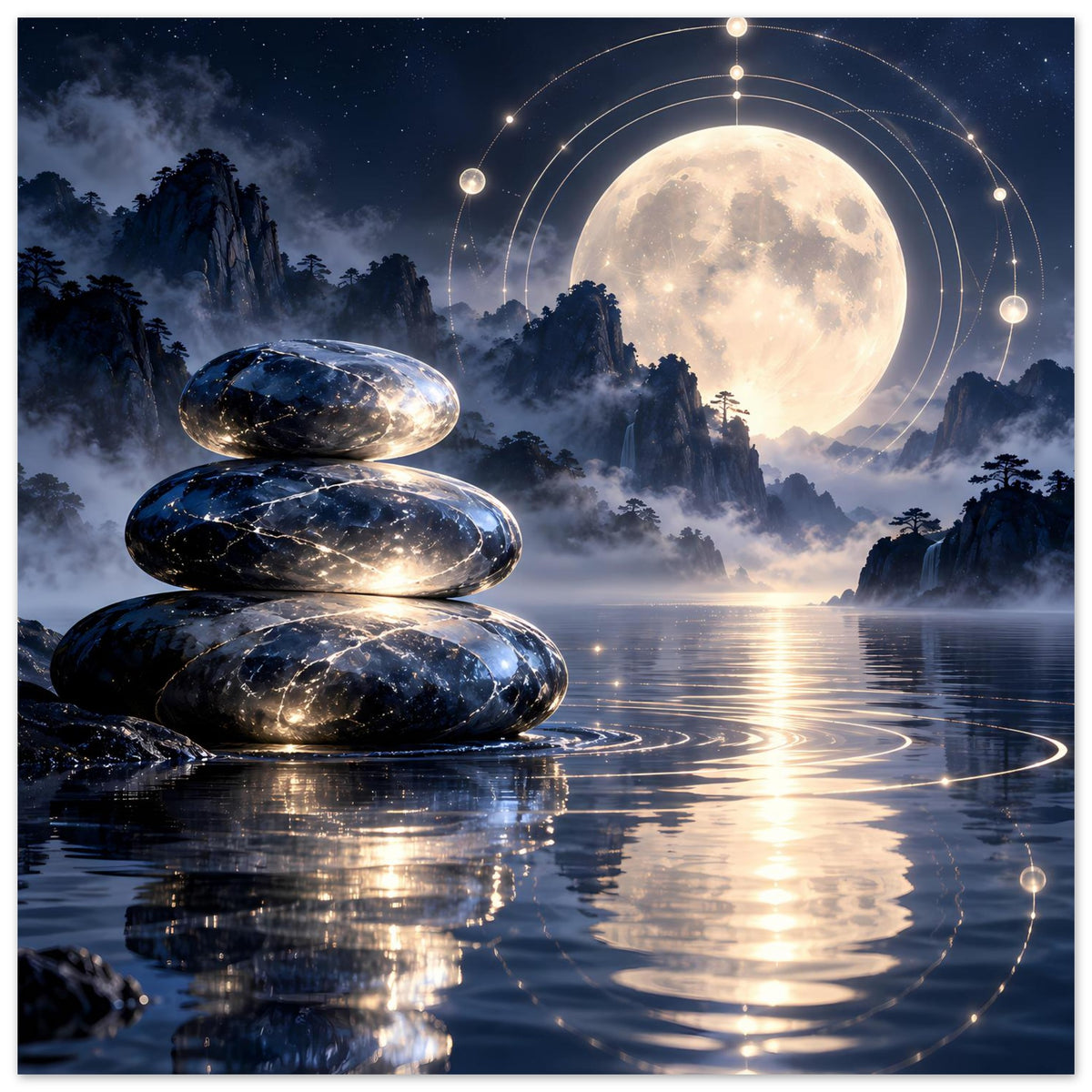 Poster mit Zen-Steinen links, großem Mond, schwebenden Lichtpunkten und Wasserreflexion