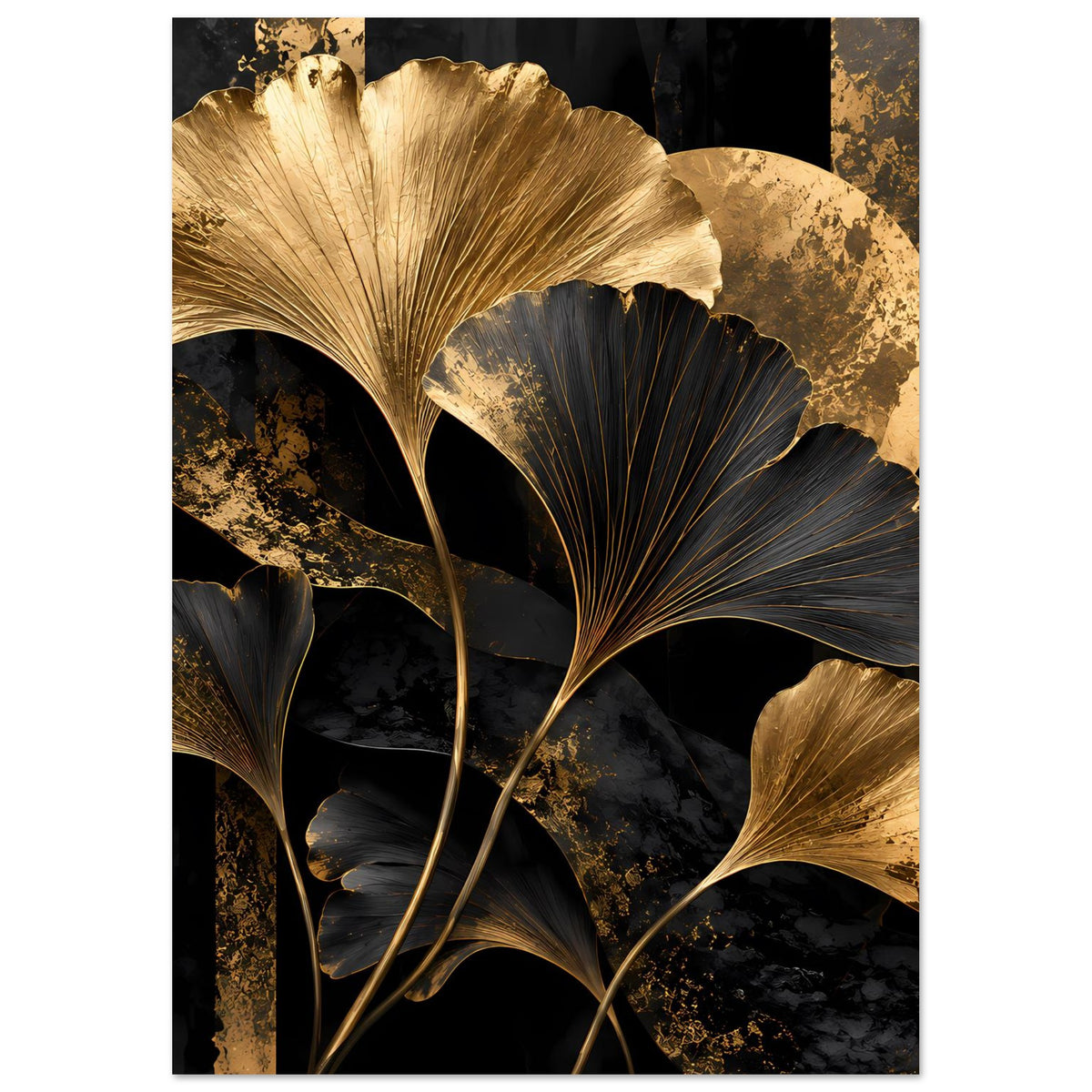Botanisches Poster im Hochformat mit goldenen und schwarzen Ginkgo-Blättern auf dunklem Grund