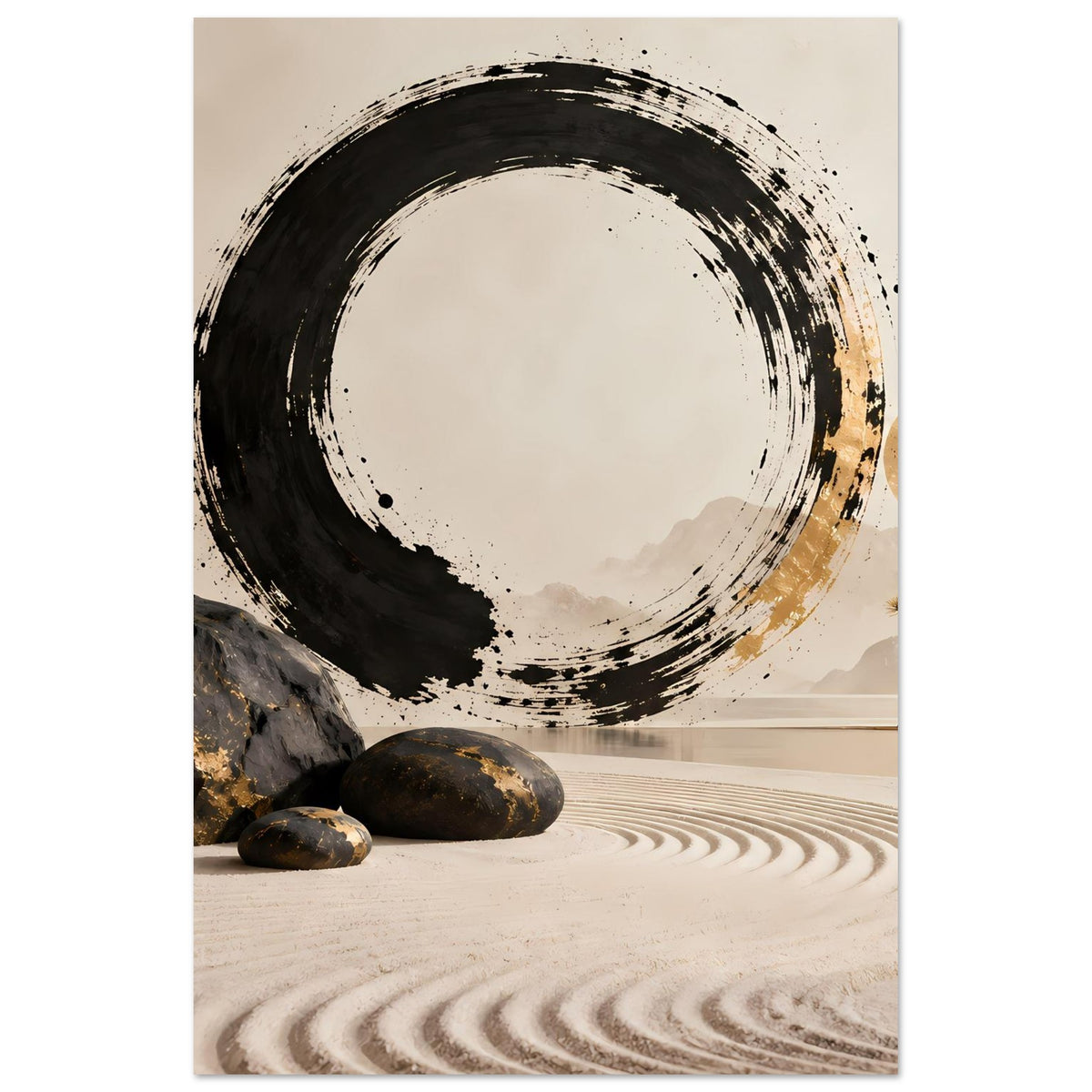 Minimalistische Tuschekunst mit schwarzem Enso-Kreis und goldener Mitte