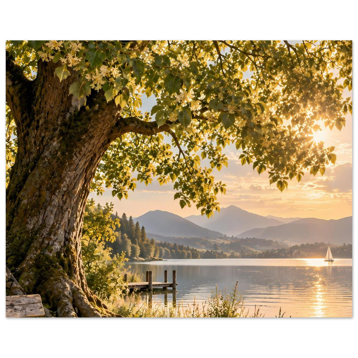 Naturposter mit Baum am Ufer, gelbe Blätter im Vordergrund, Steg und Seeoberfläche