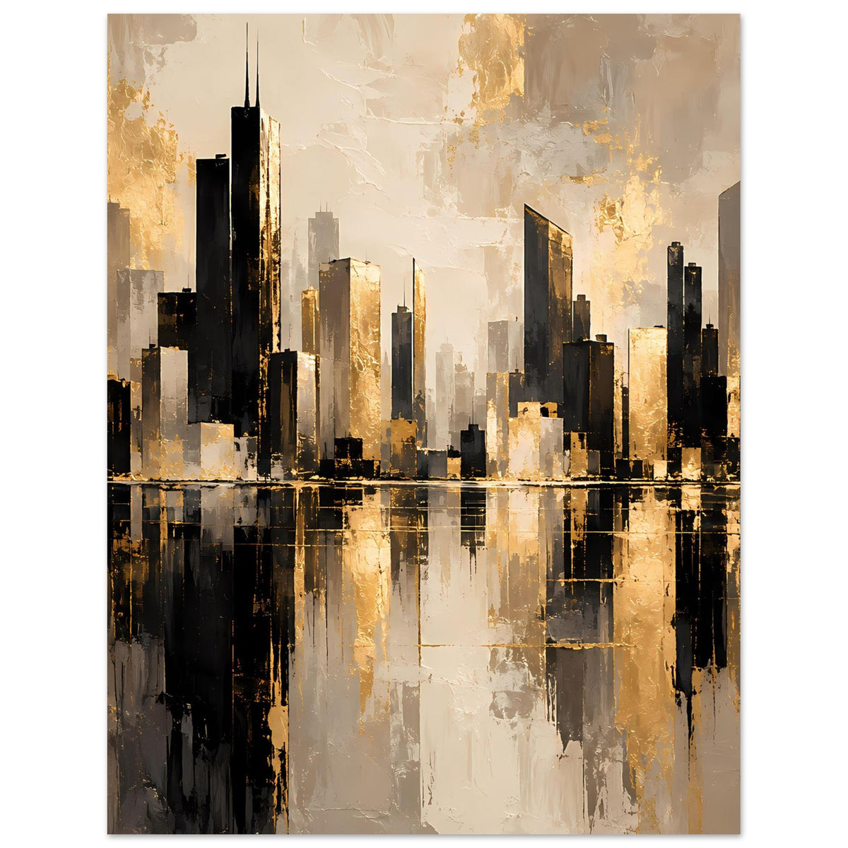 Abstraktes Stadtposter im Hochformat mit goldenen Verläufen, Hochhaus-Silhouetten und Reflexion