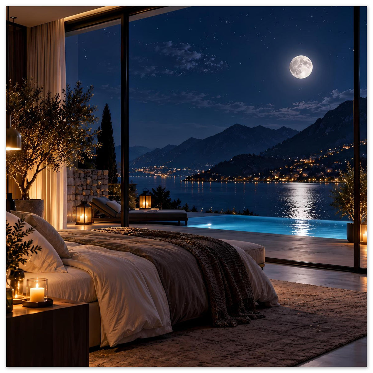 Poster mit Schlafzimmerdeko: Bett, Kerzenlicht und Fensterblick auf See und Berge bei Nacht