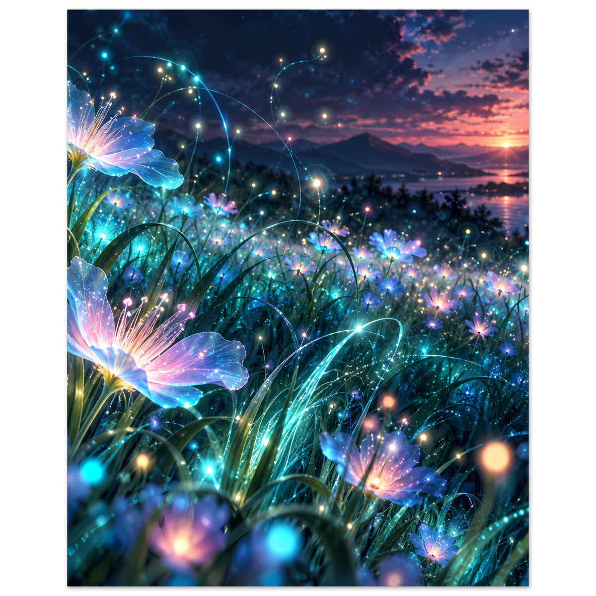 Vertikales Poster mit leuchtenden blauen Blumen und vielen funkelnden Lichtpunkten im Rahmen