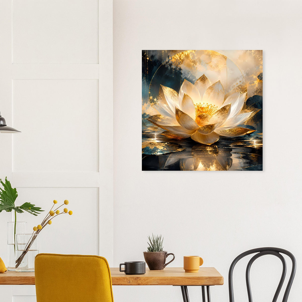 Quadratisches Kunstposter mit weißer Lotusblüte und goldener Flammenoptik auf Wasserreflexen