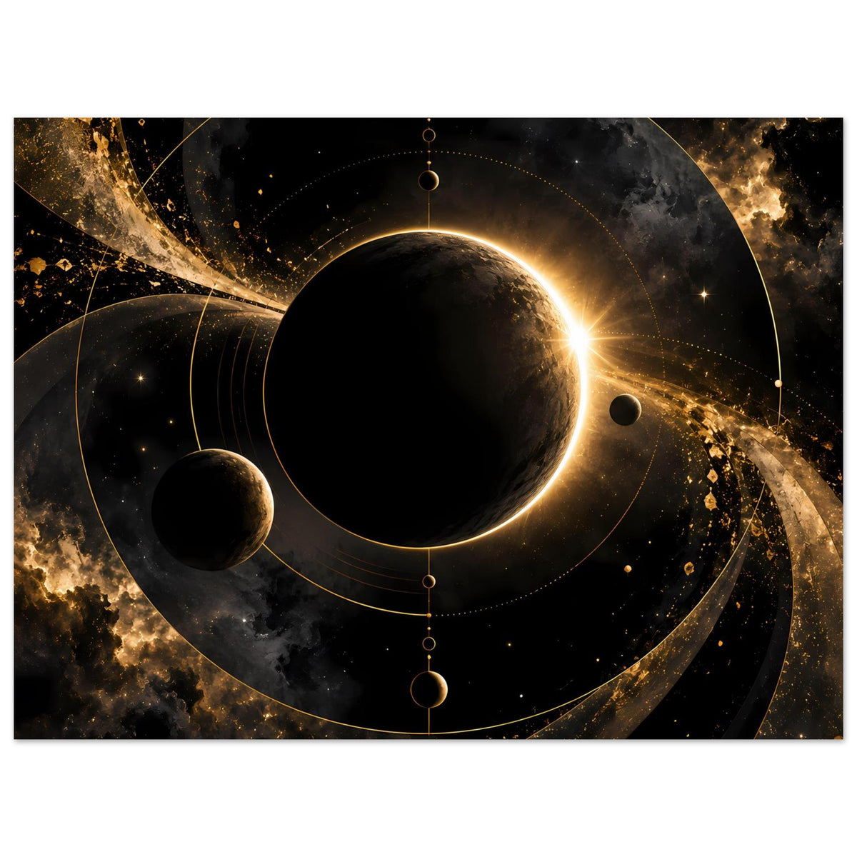 Weltraum-Poster mit zentralem schwarzen Planeten und goldenen Ornamentlinien im All