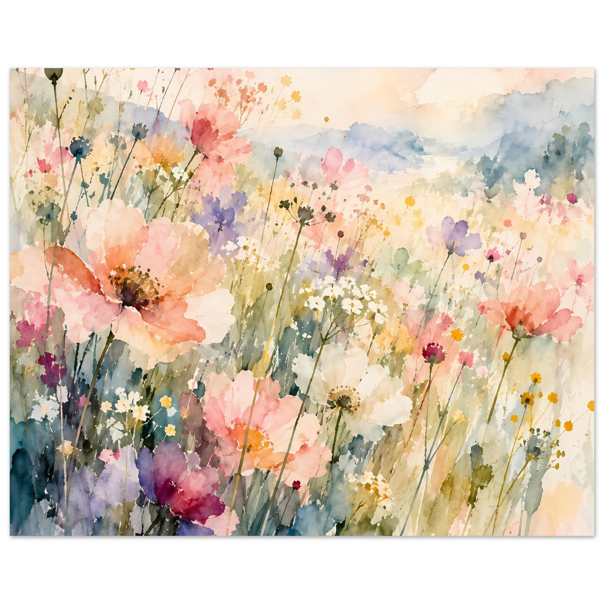 Aquarell-Poster mit Pastell-Wildblumen, viele Blüten und feine Stängel, horizontal