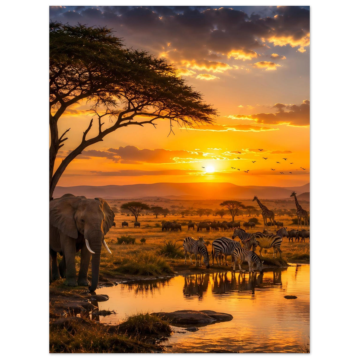 Poster mit Elefanten am Ufer und Zebras am Wasserloch in goldener Savanne bei Abendlicht