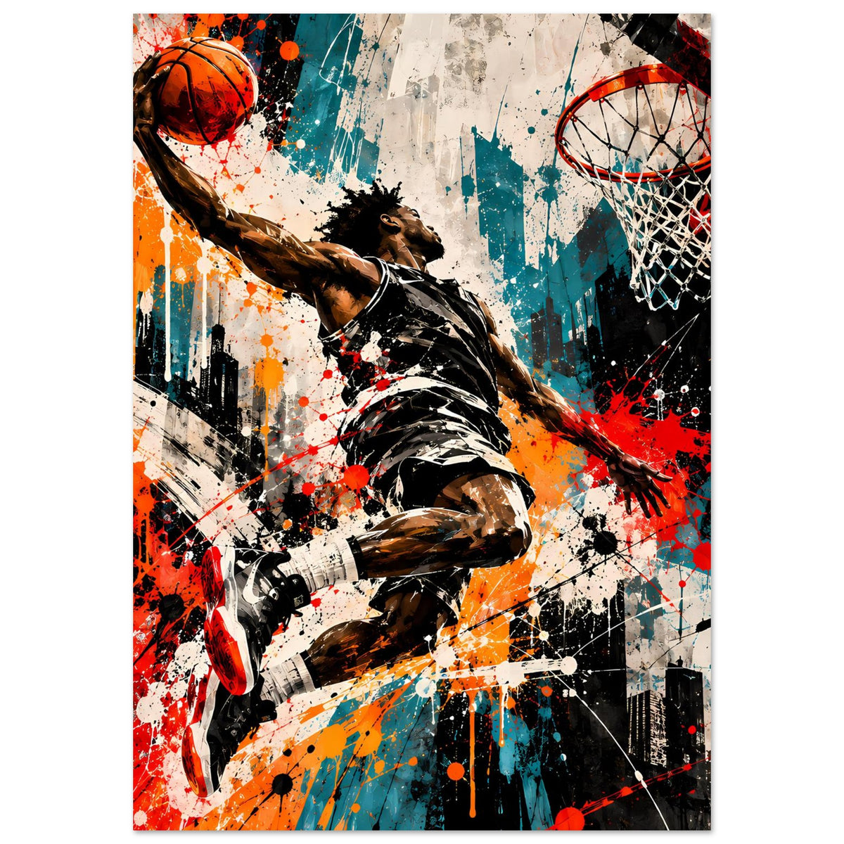 Basketball-Poster vertikal: Dunking-Spieler, Orangeball, Netz, Splash-Farben