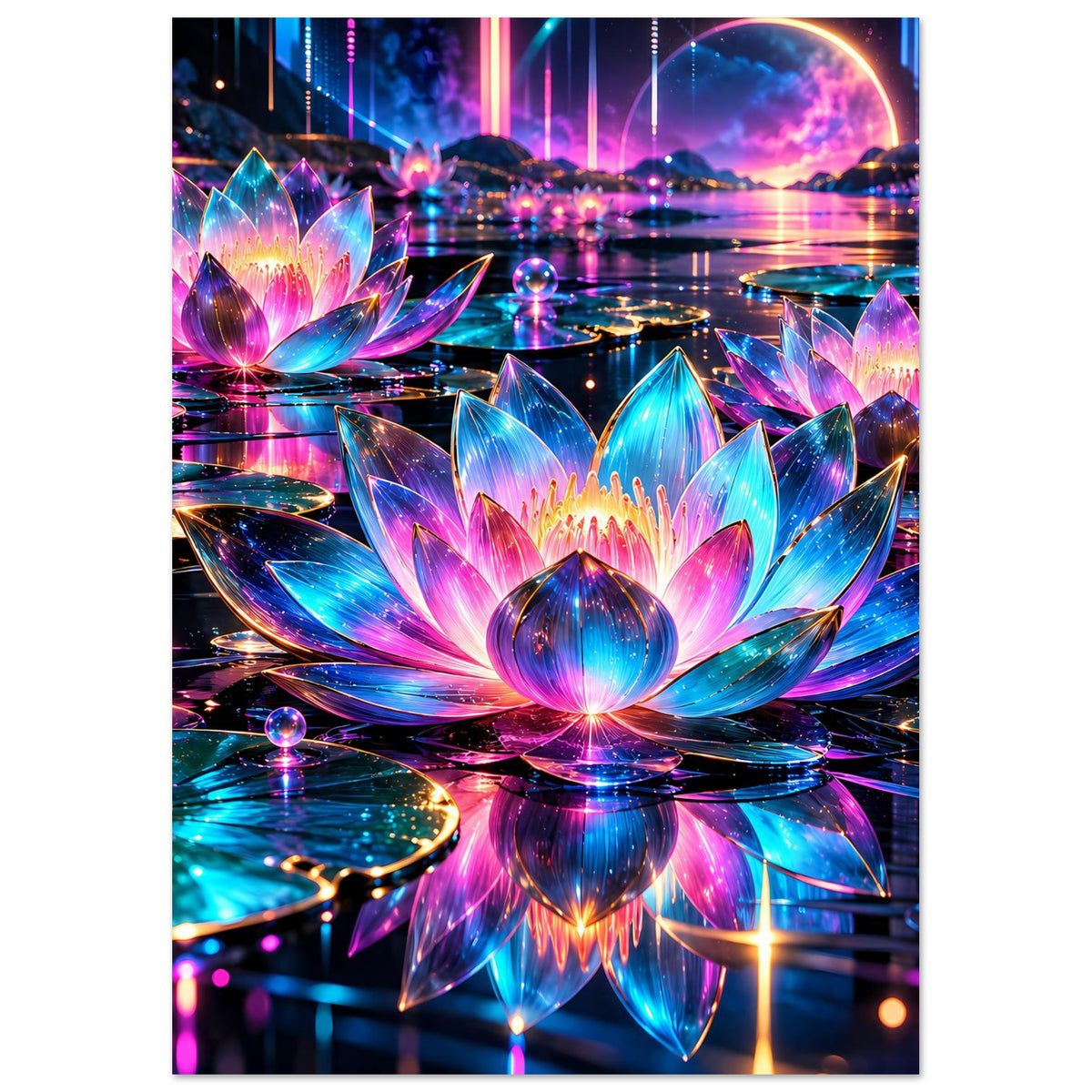 Neon-Lotus Poster, vertikal: zentrale Lotusblüte mit bunten Highlights und Wasserreflexion
