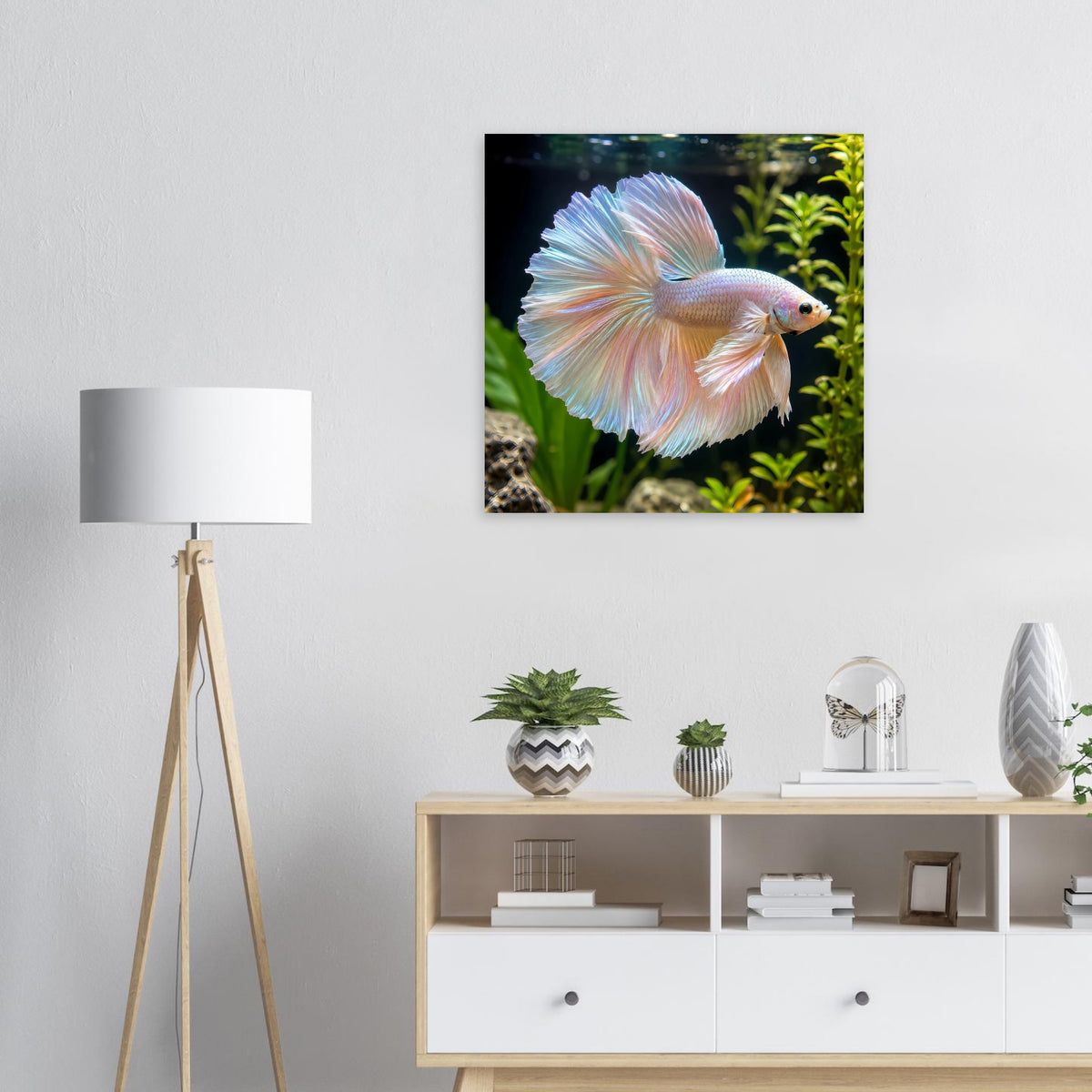 Quadratisches Poster mit schillerndem Betta-Fisch im Blasenmuster