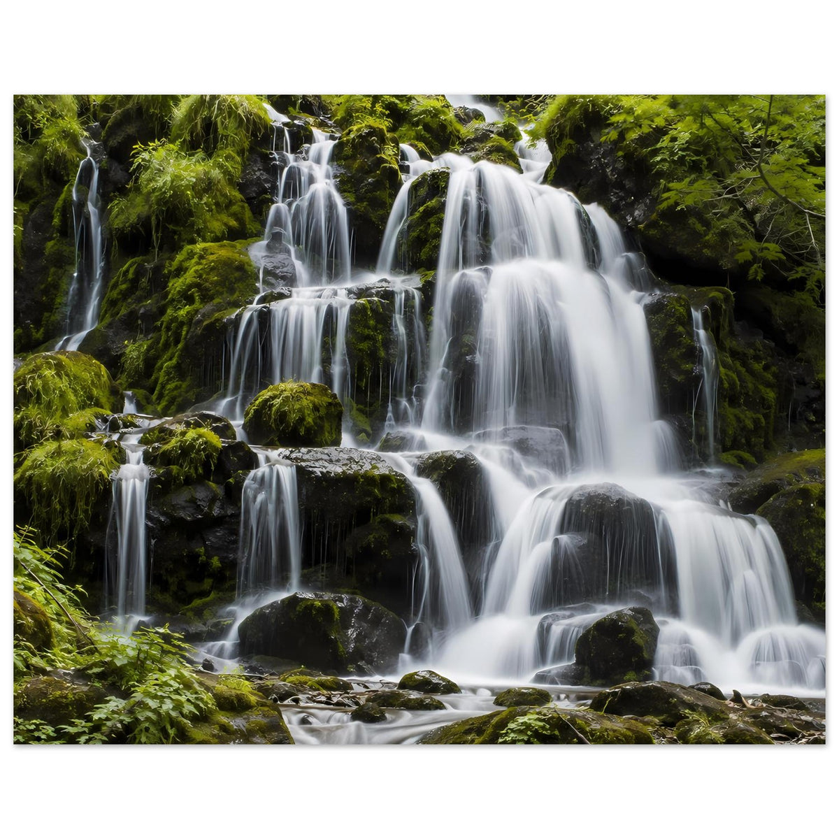 Wasserfall-Poster im Querformat: Wasserläufe über moosige Felsplatten im Vordergrund
