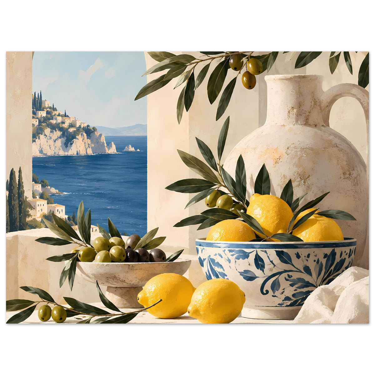 Poster mit Zitronen in blau-weißer Schale und Oliven, cremefarbene Vase, Meereslandschaft links