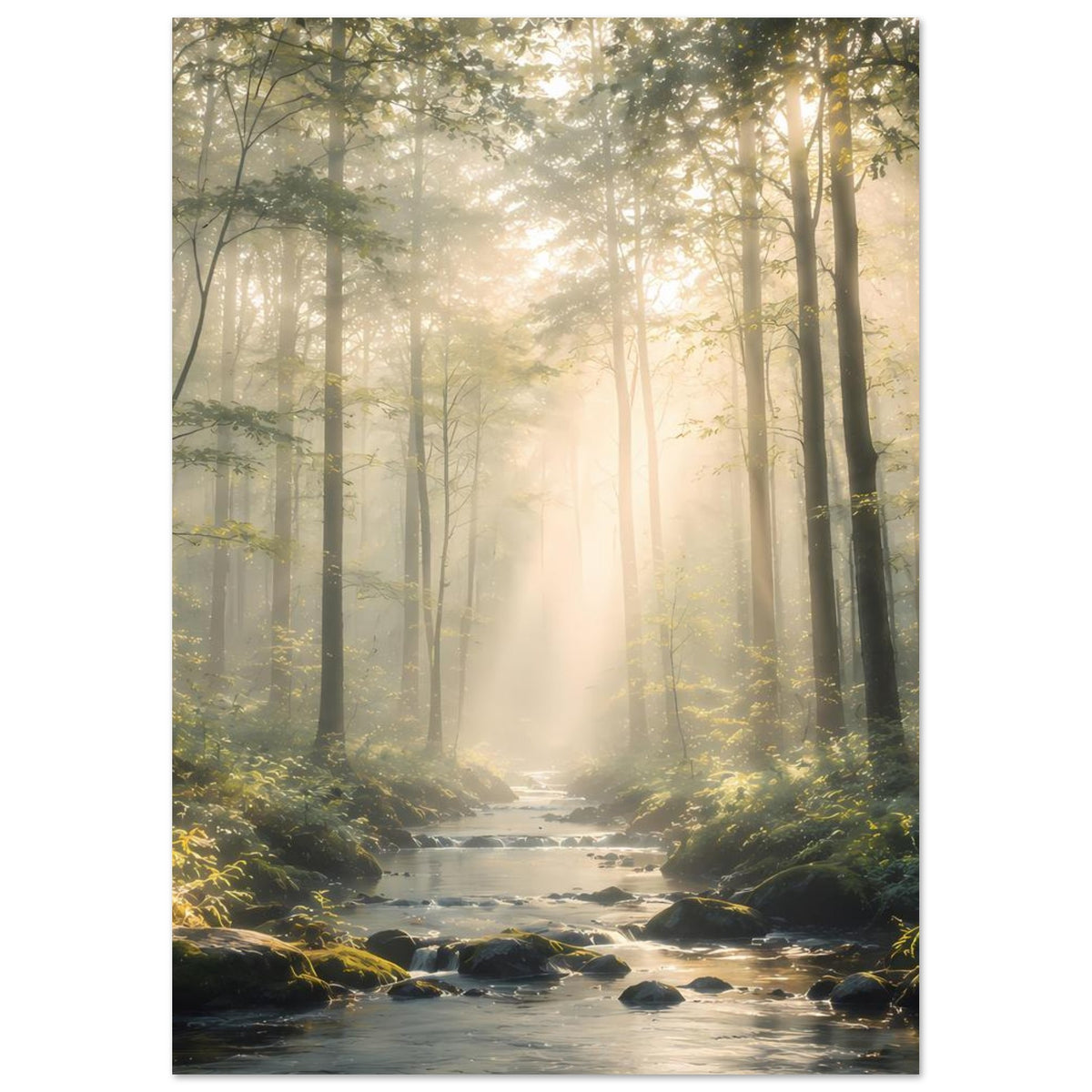 Naturposter mit ruhigem Bach in der Waldschlucht, Sonnenlicht zwischen schlanken Stämmen