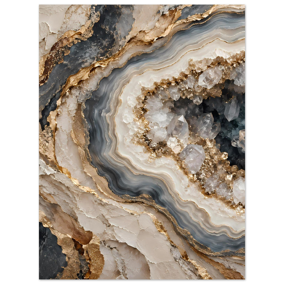 Geoden-Poster (Hochformat) mit dunkelgrauen Adern, cremefarbenen Bögen und Goldglanz