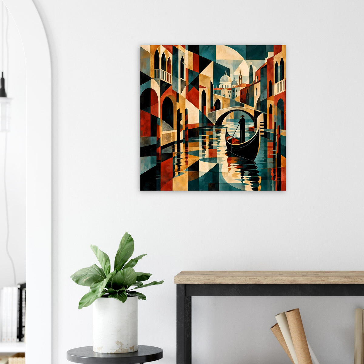 Wandposter mit Kanal-Motiv, Gondel-Silhouette und geometrischen Häusern in Erdtönen