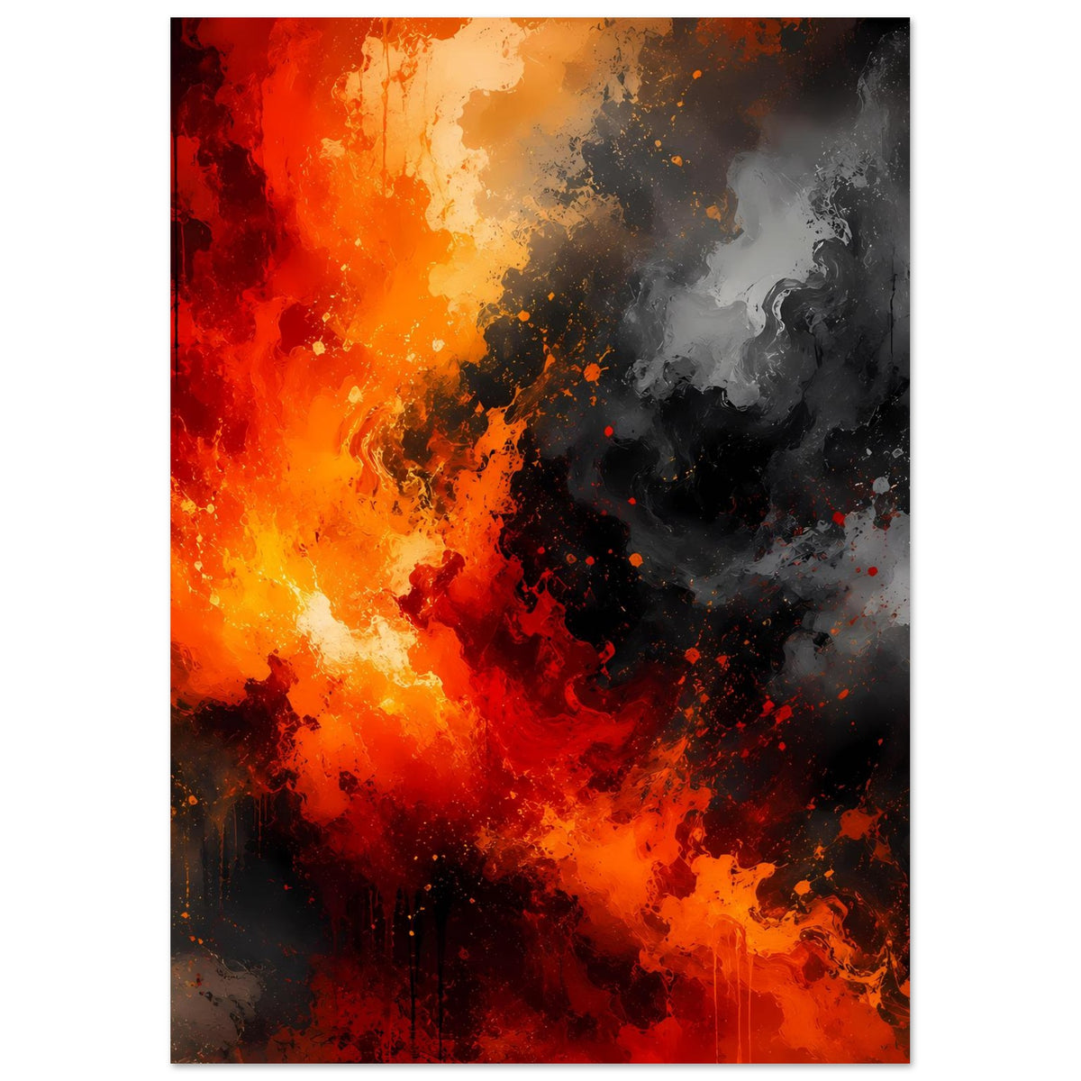 Abstraktes Feuer-und-Rauch-Poster, vertikal, links orange-rot, rechts dunkelgrauer Rauch