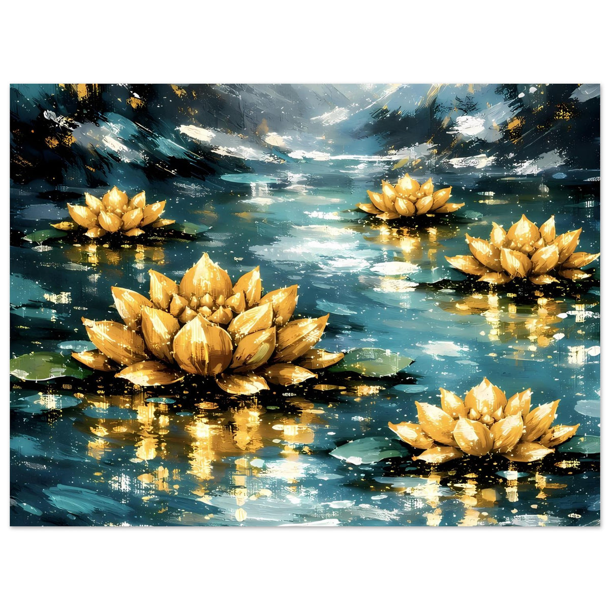 Poster mit goldenen Lotusblüten im Wasser, türkis-blaue Farbflächen und hellem Lichtstreifen