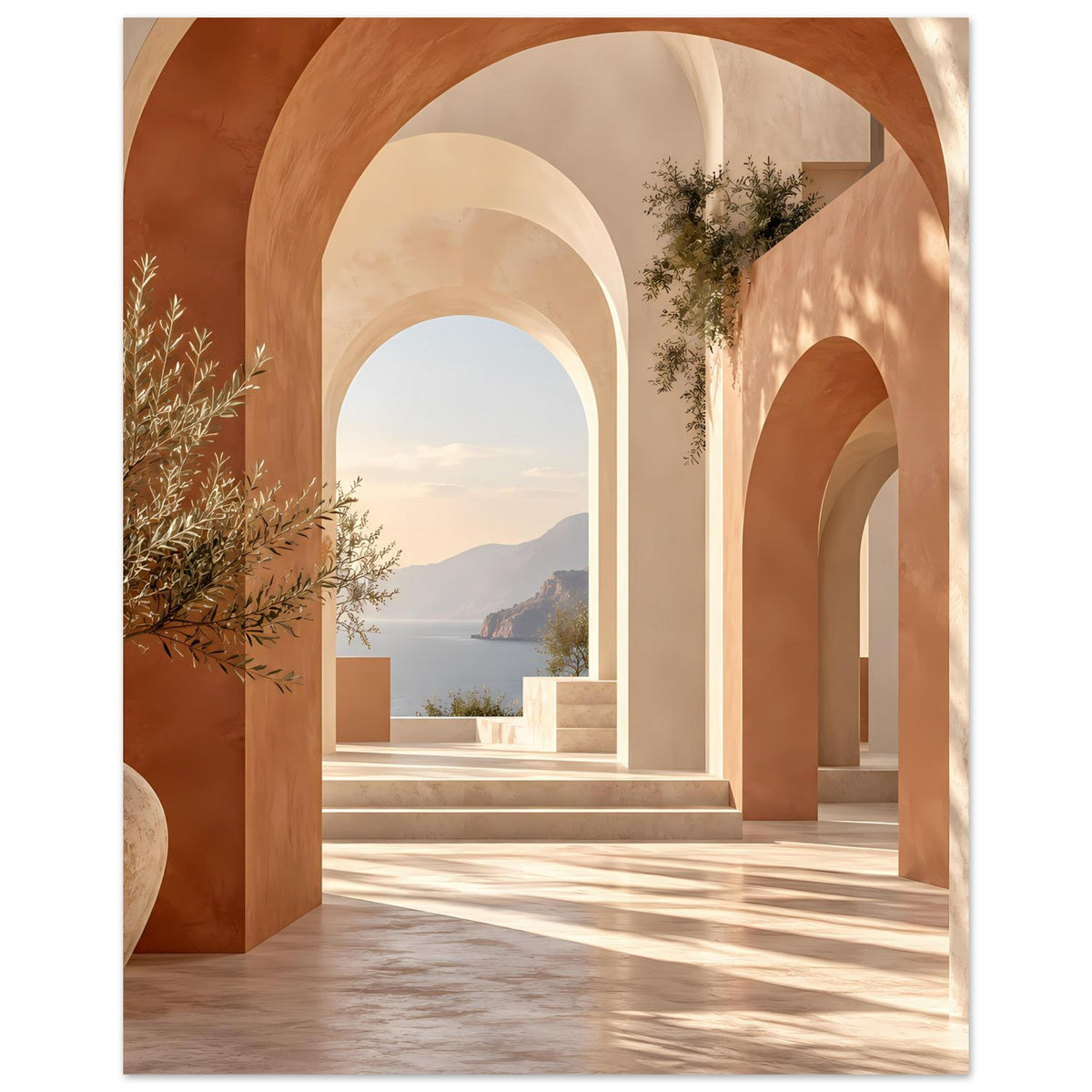 Poster mit mediterraner Rundbogenpassage in warmem Terrakotta und Beige, klare Durchsichten.