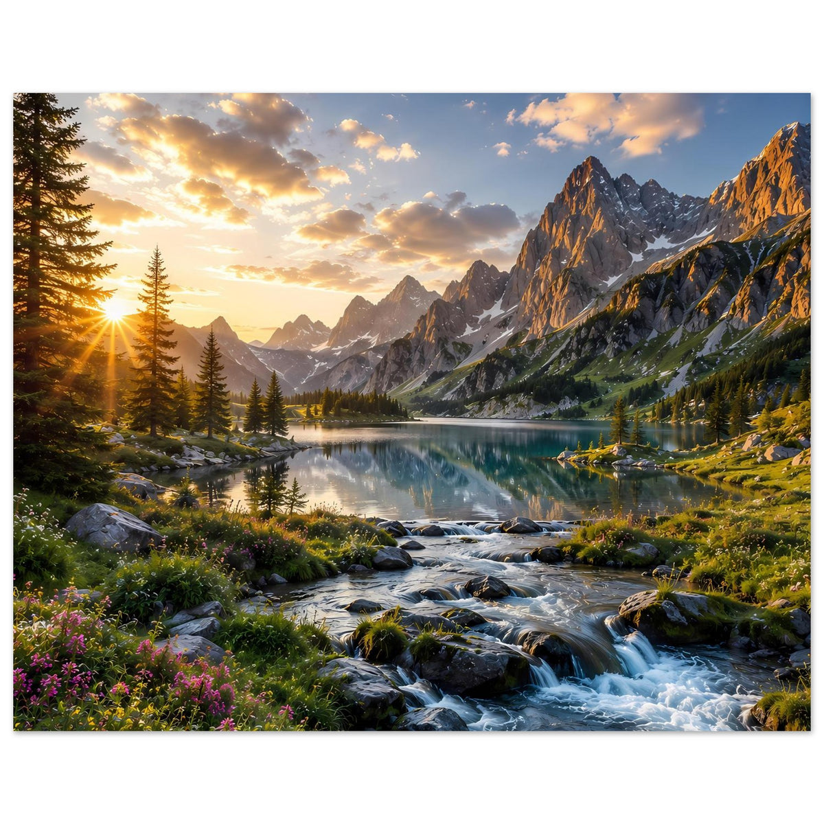 Querformat-Poster mit Bergsee bei Sonnenaufgang: Bach über Steine im Vordergrund