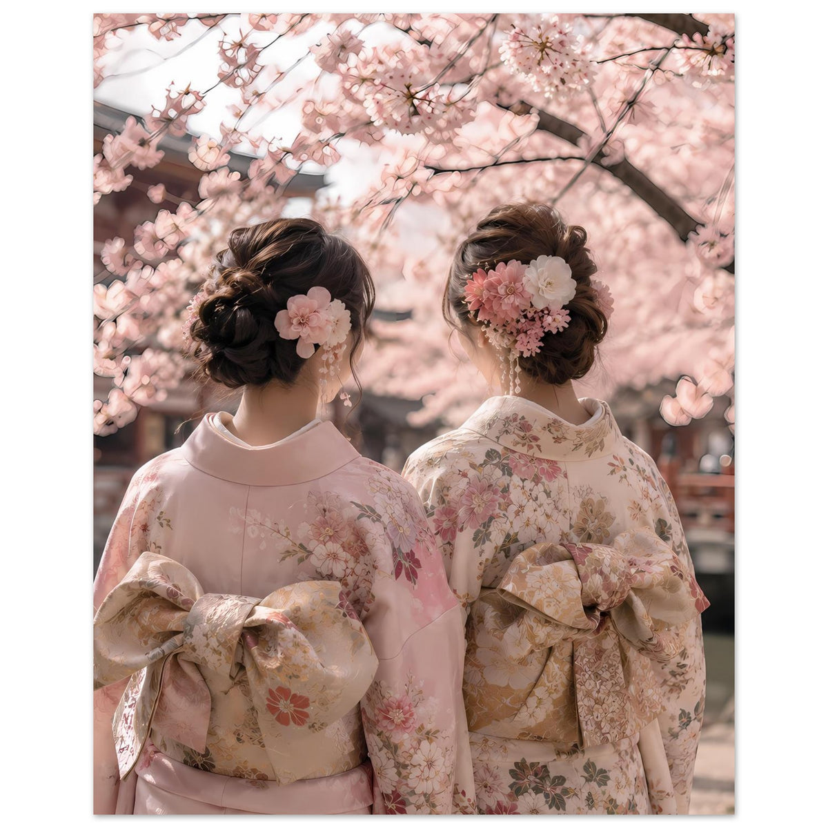 Kirschblüten-Poster: zwei Personen in hellen Kimonos, Kirschblütenzweige und Schleifen sichtbar