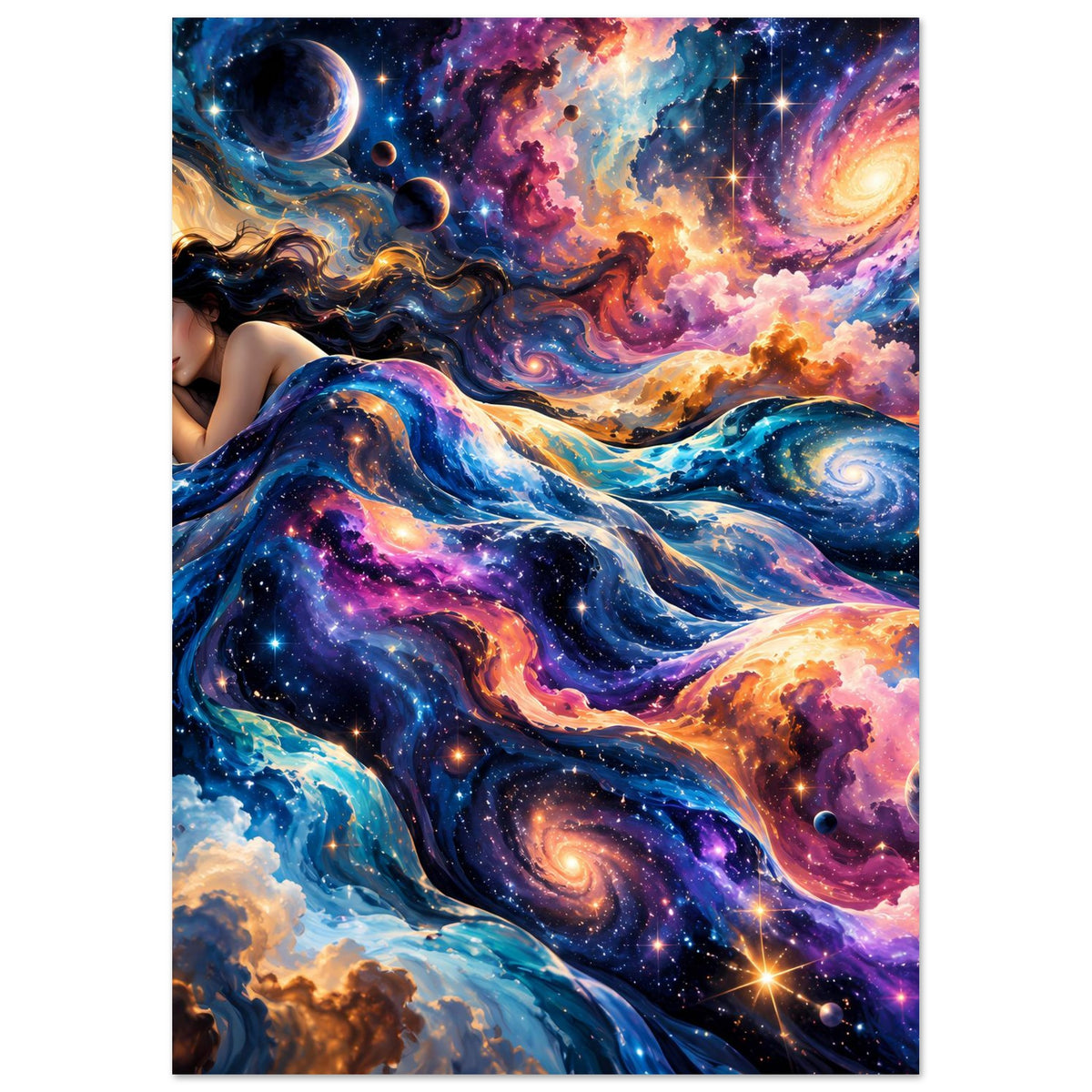 Galaxie-Poster im Hochformat: Detailausschnitt mit schlafender Frau, Sternenwirbel und Nebel