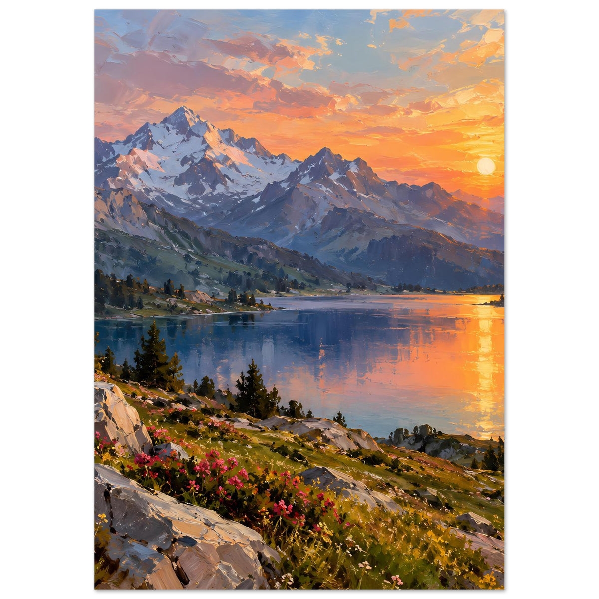 Poster im Hochformat: Sonnenuntergang über Bergsee, hohe Berge, orange Himmel, Blütenhang