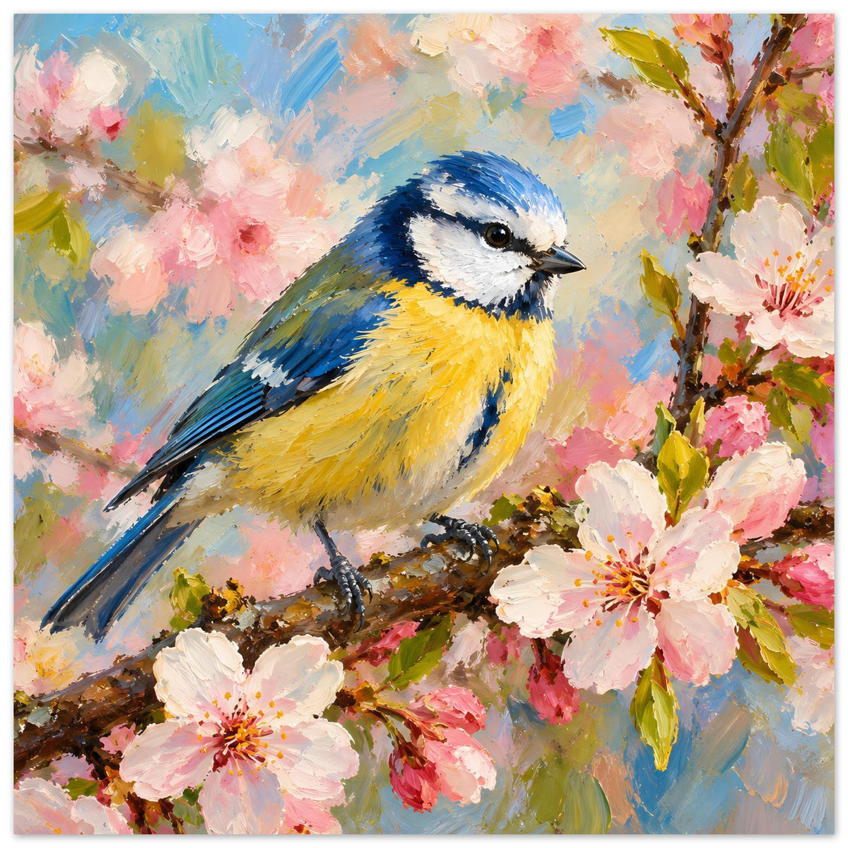 Kunstdruck-Porträt: blauer und gelber Vogel auf Ast mit rosa Blüten, Querformat