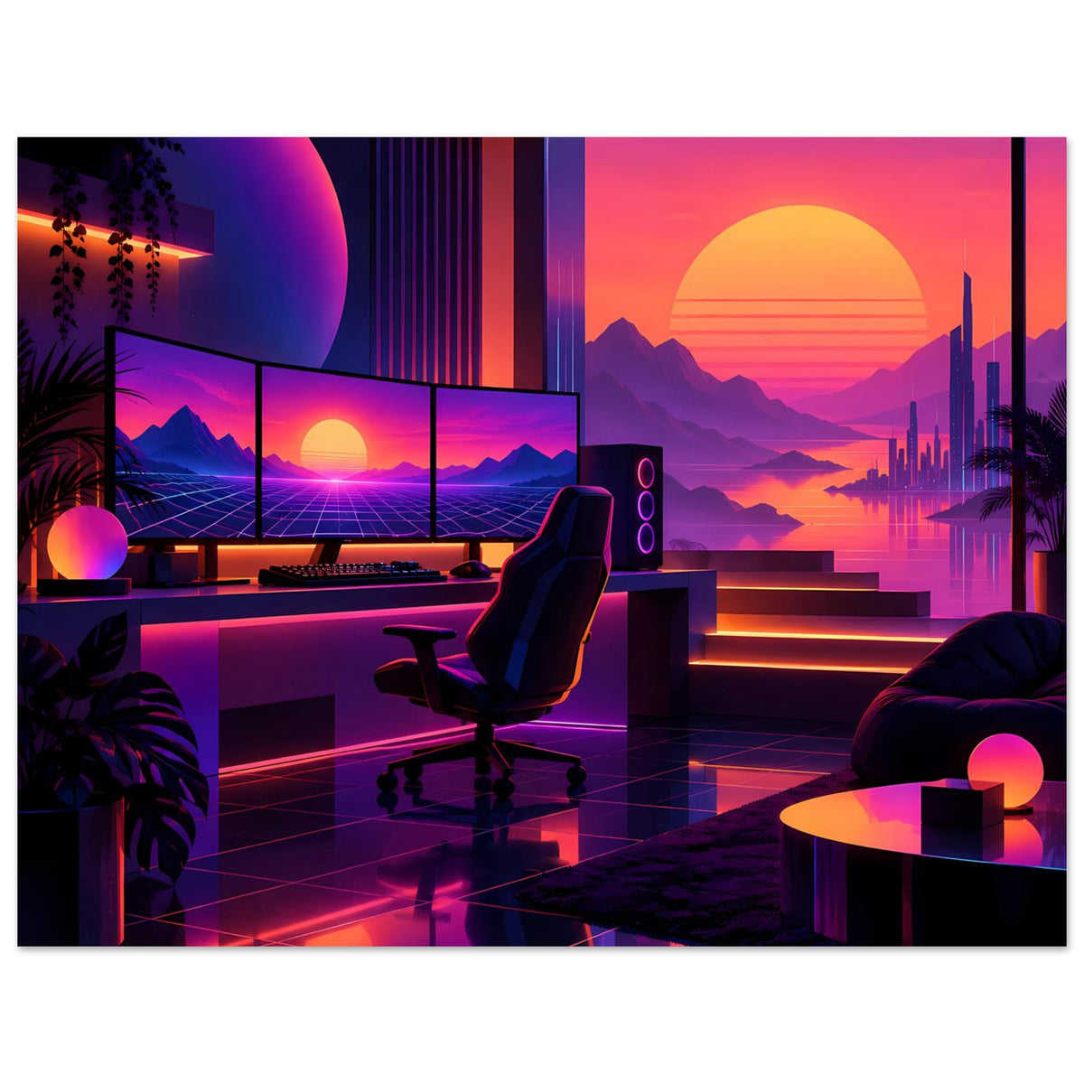 Neon-Sonnenuntergangs-Poster: futuristische Lounge, Leuchtstufen und Berge mit Sonnenball.