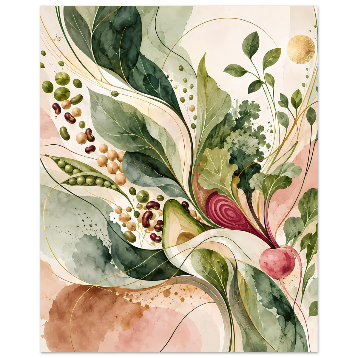 Naturposter mit botanischen Formen in Salbeigrün, Beige und Rosé