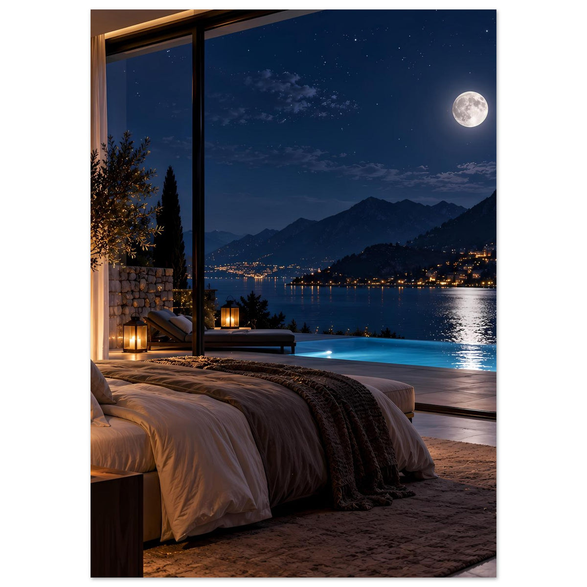 Luxuriöses Nachtblick-Poster (hochkant) mit Bett am Fenster, Mond über See und beleuchteten Ufern