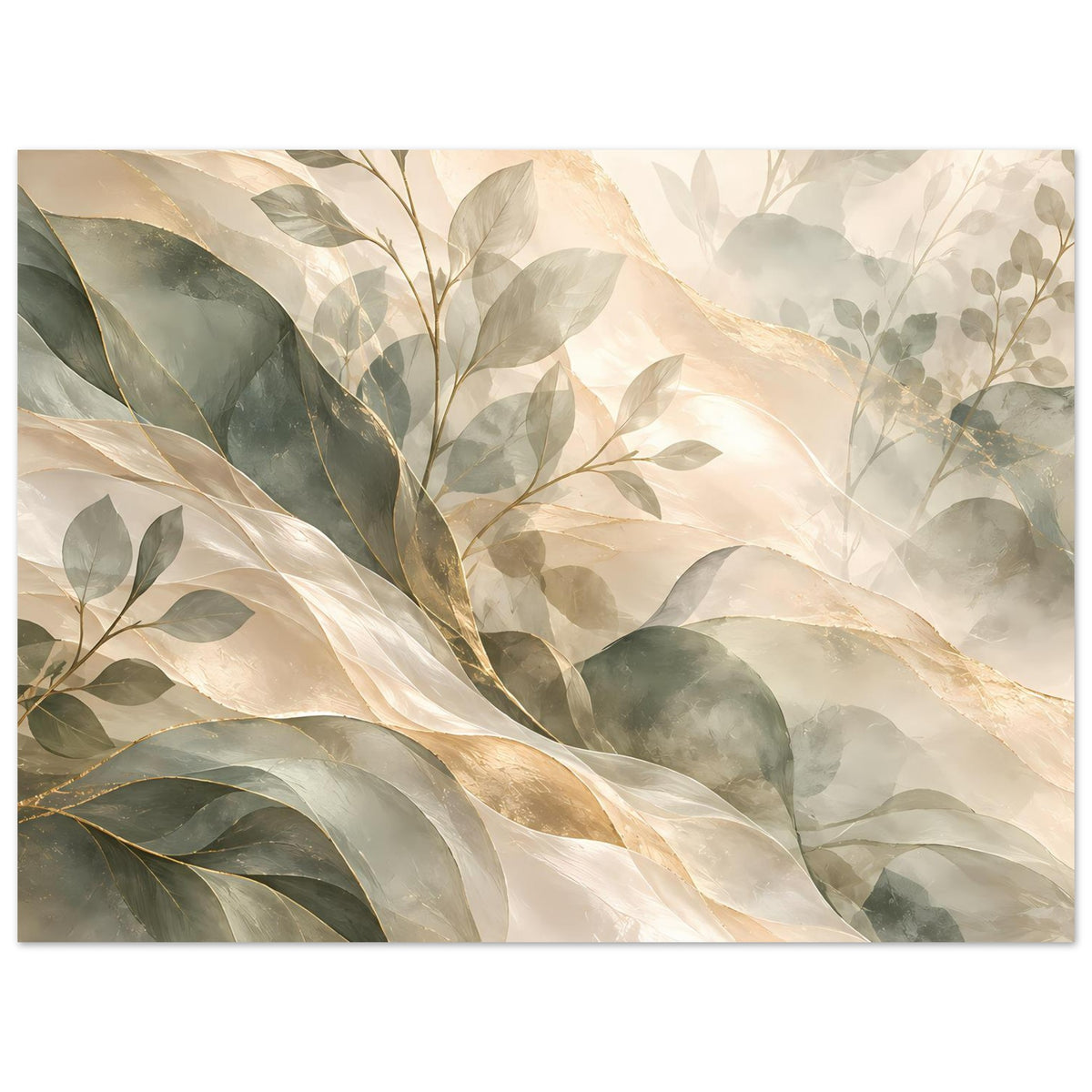 Botanisches Kunstposter mit überlappenden Blättern in Salbeigrün, Creme und Gold, Querformat