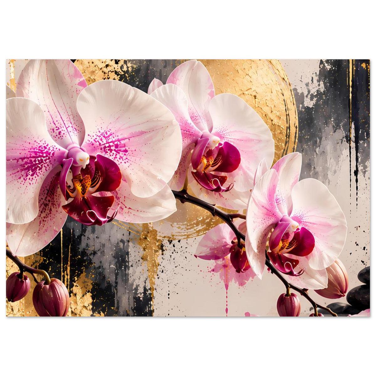 Orchideen-Poster mit weißen Orchideen, pinkem Sprenkel und goldener Kreislinie am Rand