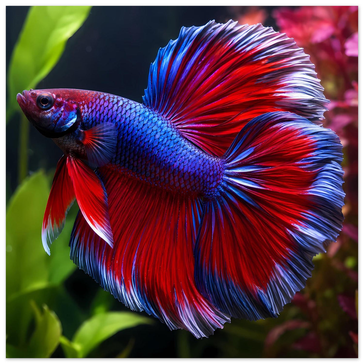 Poster mit Betta-Kampffisch, blaues Schuppenmuster und leuchtend rote Schwanzflosse