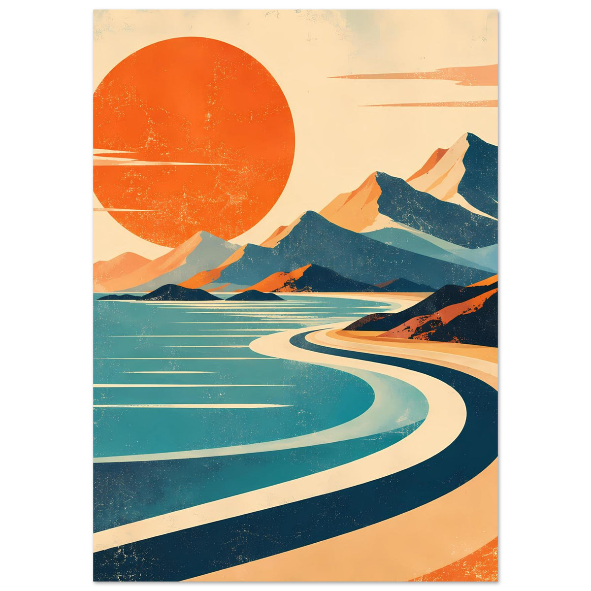 Hochformatiges Vintage-Poster mit orangefarbener Sonne, Bergsilhouetten und gewundenen Wellen