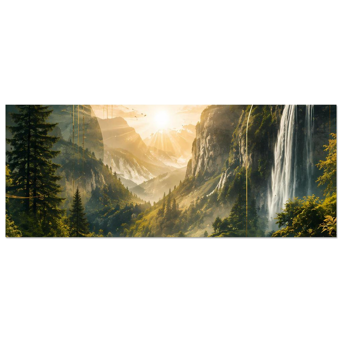 Landschaftsposter mit Wasserfall und Fluss im Tal, Sonnenaufgang, horizontal
