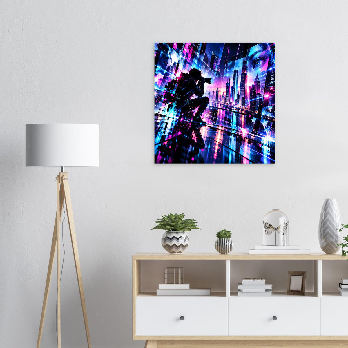 Neonstadt-Cyberpunk-Poster mit silhuettierter Figur und leuchtender Skyline in Blau und Lila