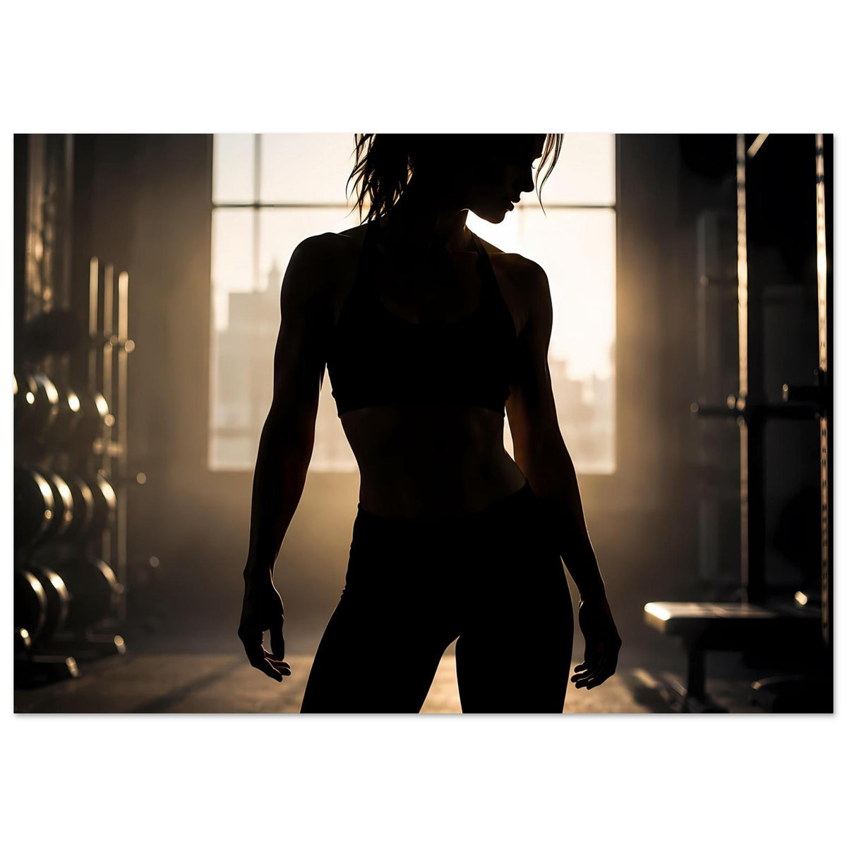 Fitness-Poster mit Silhouette einer Sportlerin in dunkler Sportkleidung, ganzfigur