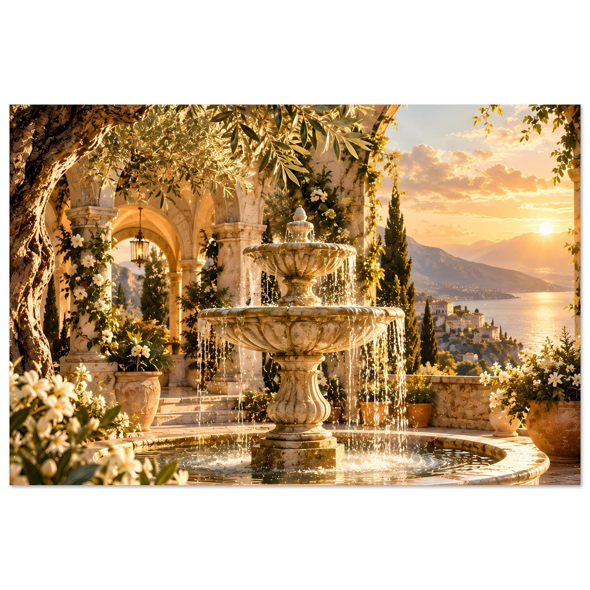 Poster im Querformat: Springbrunnen mit Wasserfontäne, mediterraner Kulisse und Abendsonne