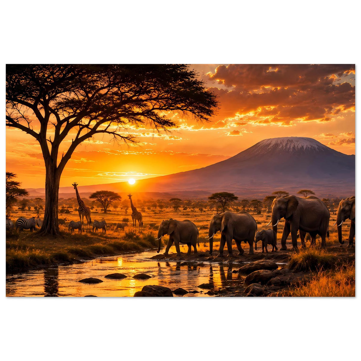 Safari-Poster mit Elefanten in der Dämmerung, Giraffen, Flusslauf, Akazienbaum