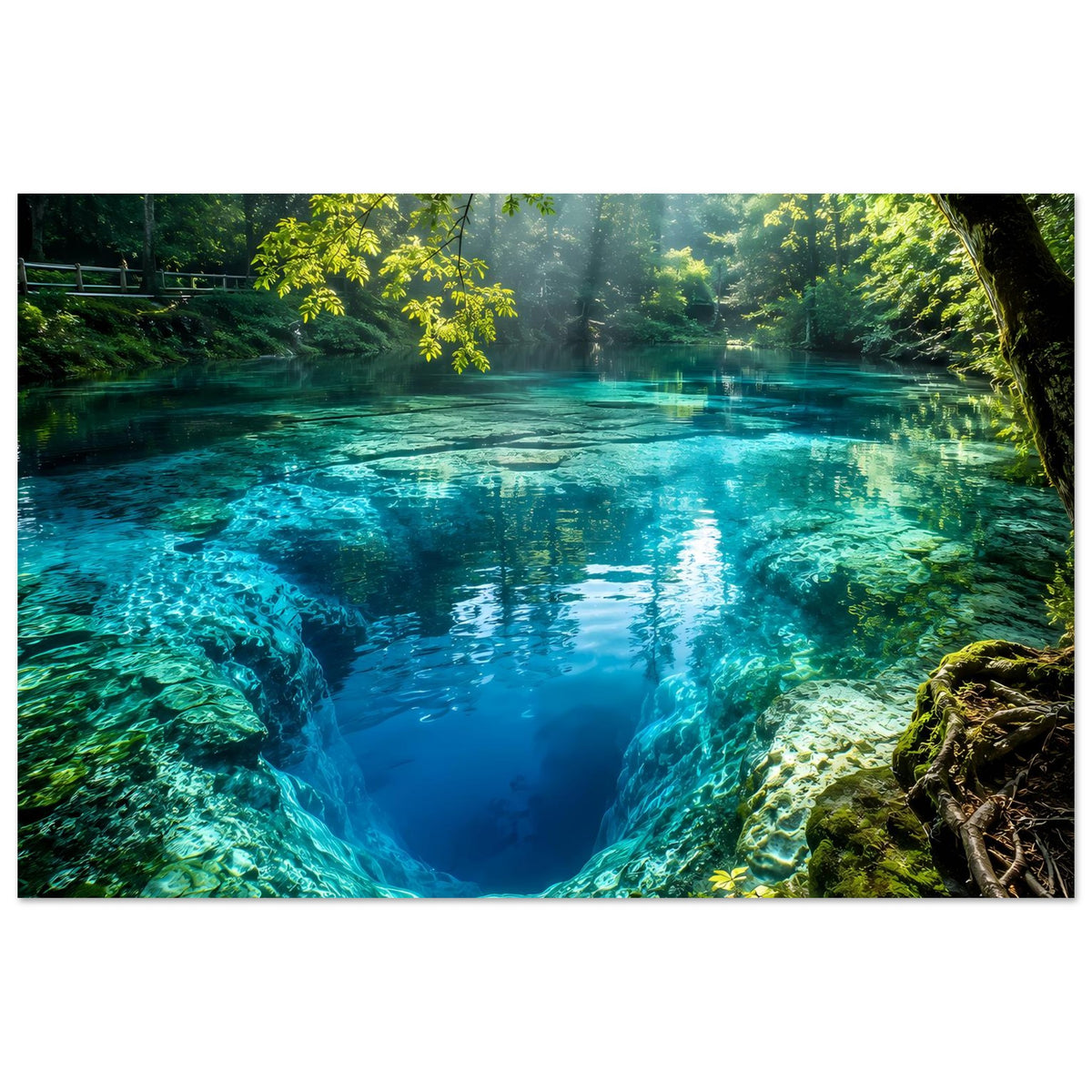 Gerahmtes Poster mit türkisfarbenem Wasserbecken im Wald, Felsen vorn und grün leuchtendes Blattwerk