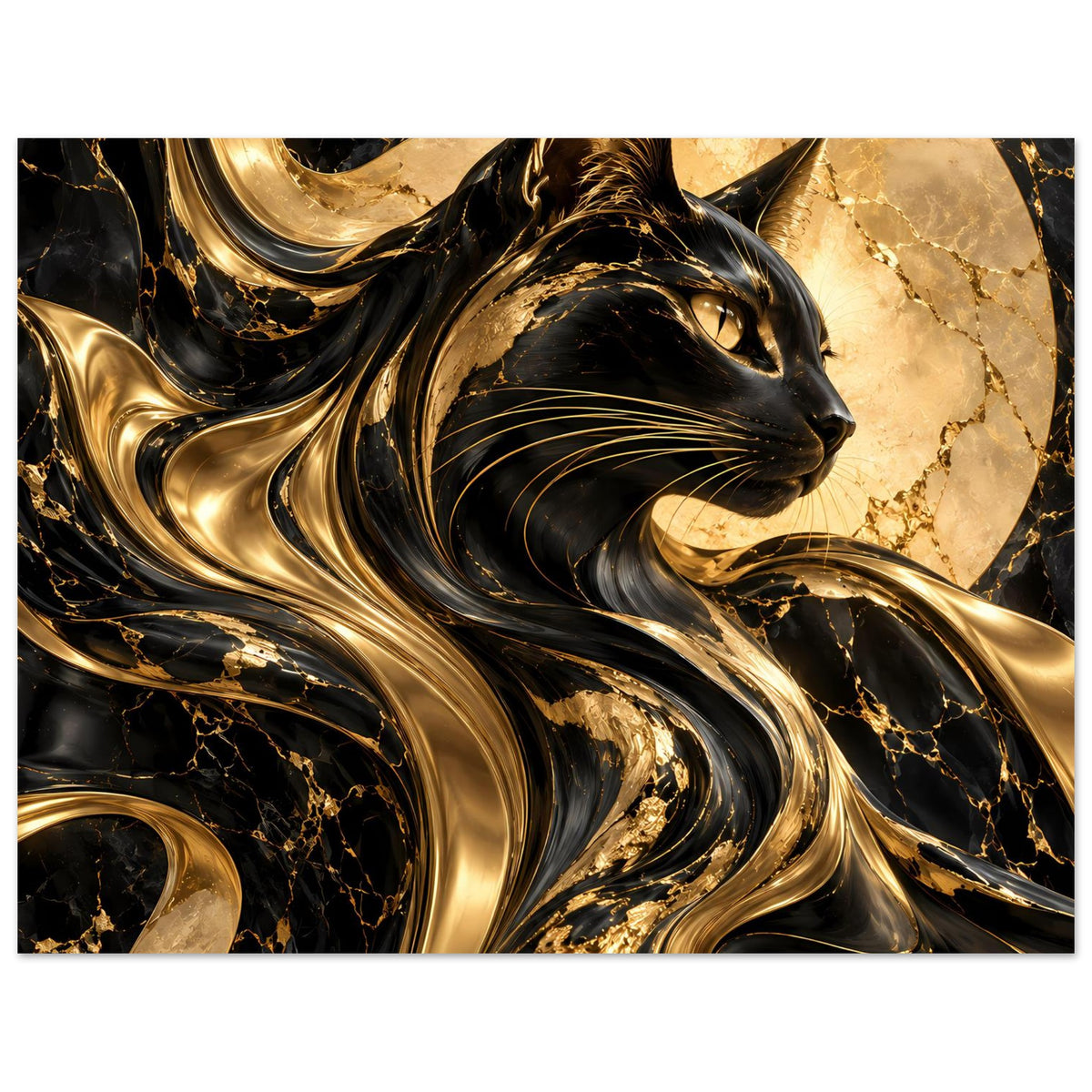 Poster mit Katzenporträt in Gold und Schwarz, abstrakte Marmorwirbel, Querformat