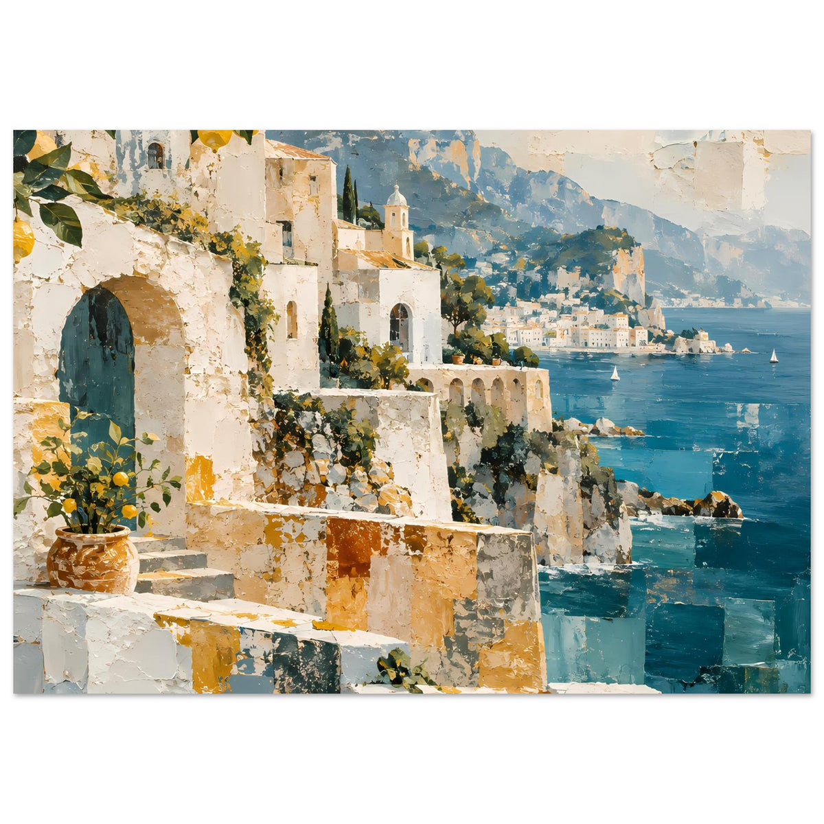 Kunstposter mit Küstenlandschaft, ockerfarbene Architektur, tiefblaues Wasser und Vase mit Blumen